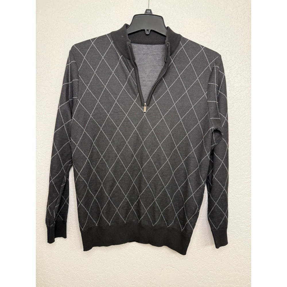 Manfinity Mens M Quarter Zip Argyle Sweater Charcoal Gray Diamond Pullover